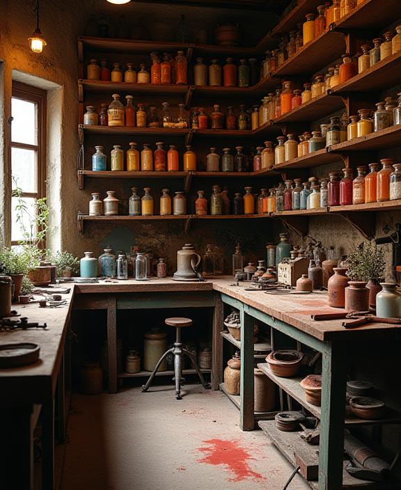 Interno del laboratorio storico di Arco Colore con scaffali di pigmenti